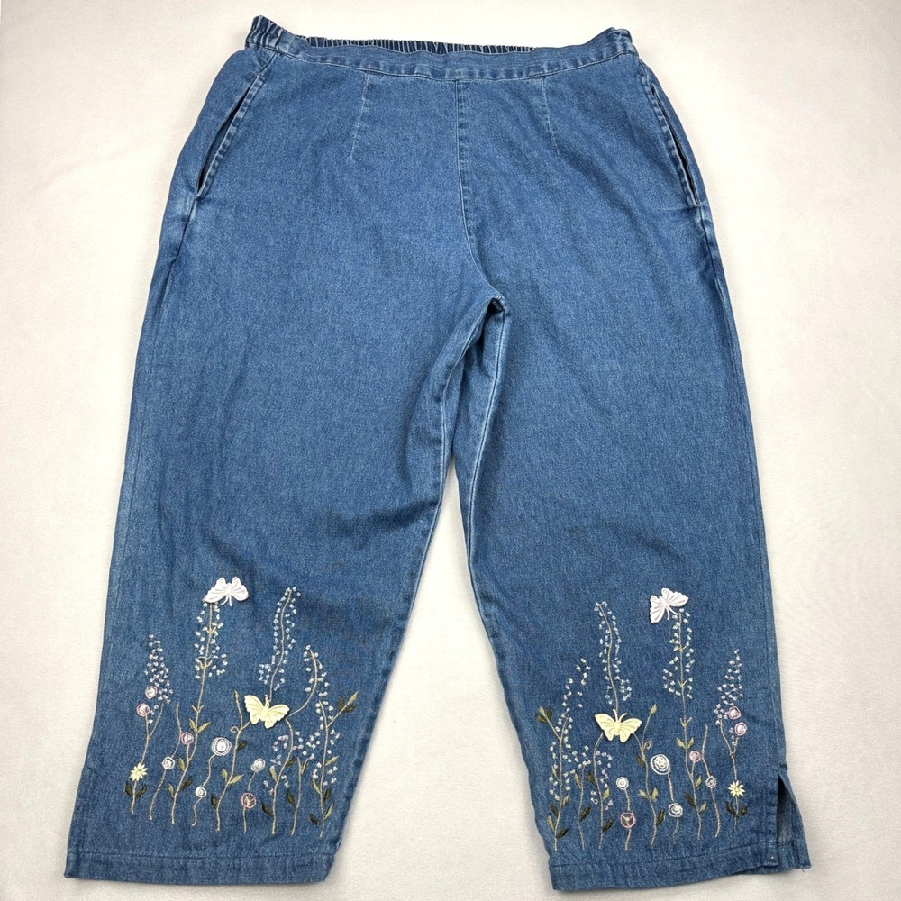 Vintage 90s Tantrum Blues Womens PM Floral Butterfly Embroidered Denim Capris